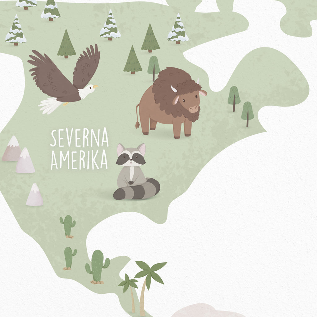 Otroški zemljevid sveta z živalmi – Severna Amerika
